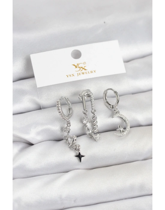 Pirinç Gümüş Renk Zirkon Taşlı Uzay Model YSX Trio Küpe Seti