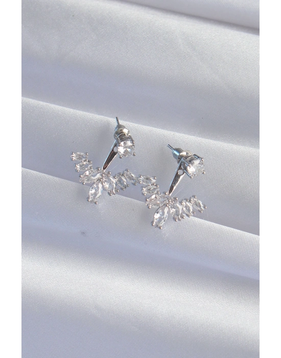 Pirinç Gümüş Renk Zirkon Taşlı V Model Küpe