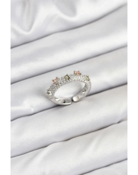 Pirinç Gümüş Renk Zirkon Taşlı Vintage Kadın Yüzük