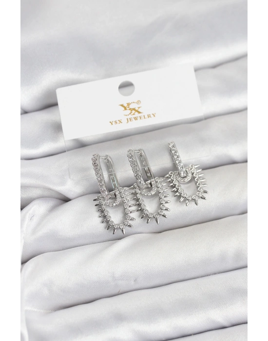 Pirinç Gümüş Renk Zirkon Taşlı Vintage Model YSX Trio Küpe Seti