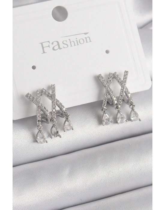 Pirinç Gümüş Renk Zirkon Taşlı X Model Sallantı Detay Kadın Küpe