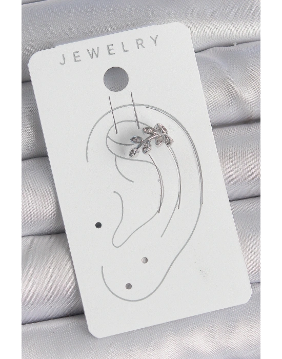 Pirinç Gümüş Renk Zirkon Taşlı Yaprak Model Kıkırdak Kadın Küpe