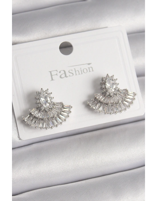 Pirinç Gümüş Renk Zirkon Taşlı Yelpaze Model Kadın Küpe