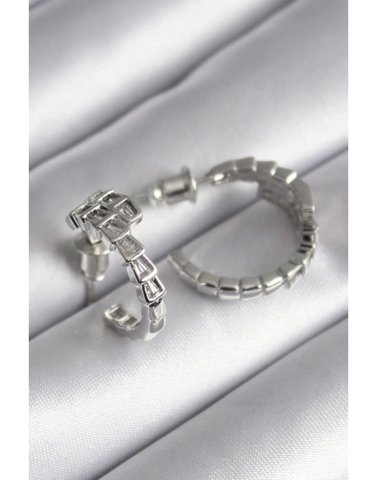 Pirinç Gümüş Renk Zirkon Taşlı Yılan Model Kadın Küpe