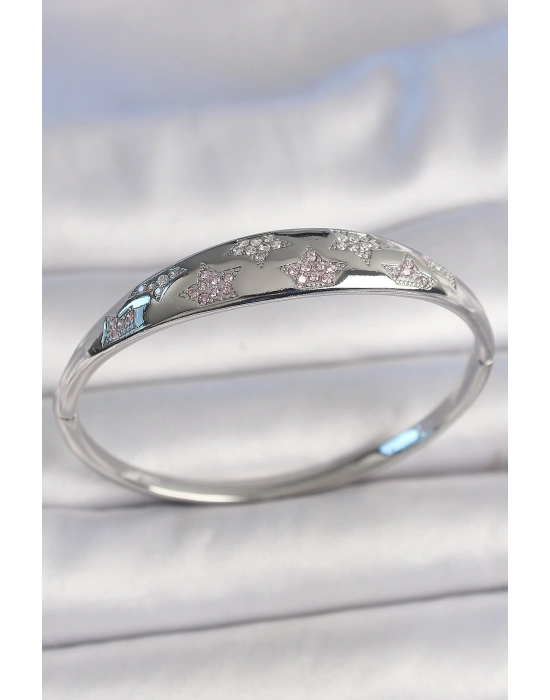 Pirinç Gümüş Renk Zirkon Taşlı Yıldız İşlemeli Kadın Kelepçe