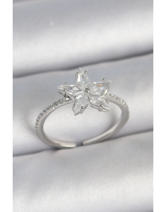 Pirinç Gümüş Renk Zirkon Taşlı Yıldız Model Ayarlanabilir Kadın Yüzük