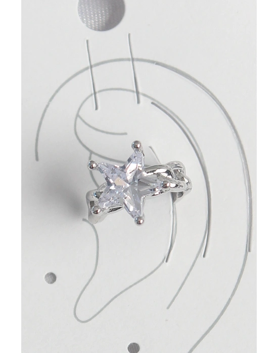 Pirinç Gümüş Renk Zirkon Taşlı Yıldız Model Kadın Kıkırdak Küpe