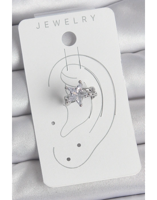 Pirinç Gümüş Renk Zirkon Taşlı Yıldız Model Kadın Kıkırdak Küpe