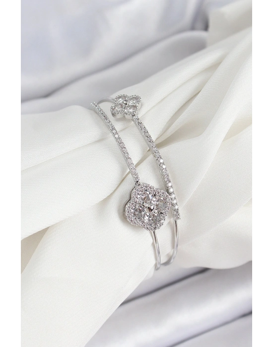 Pirinç Gümüş Renk Zirkon Taşlı Yonca Model 2li Kadın Bileklik