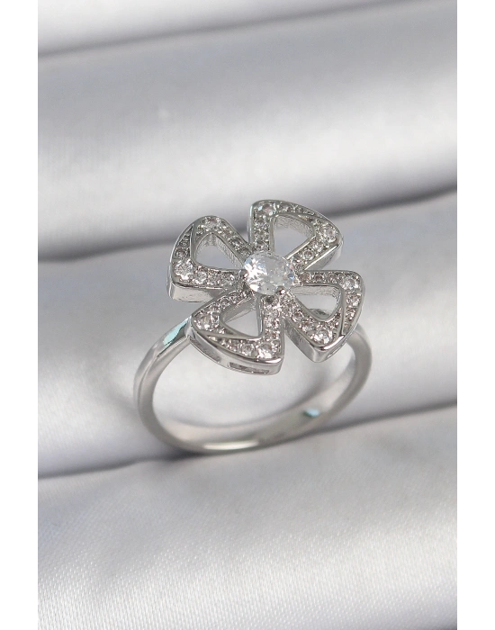 Pirinç Gümüş Renk Zirkon Taşlı Yonca Model Ayarlanabilir Kadın Yüzük