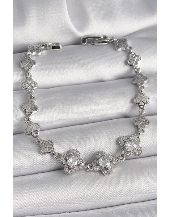 Pirinç Gümüş Renk Zirkon Taşlı Yonca Model Kadın Bileklik