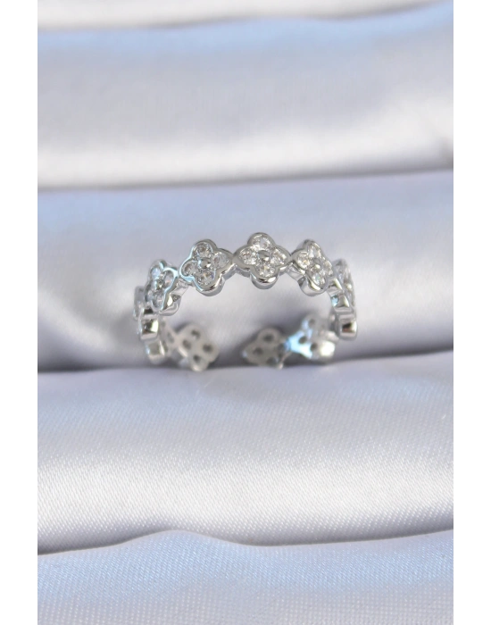 Pirinç Gümüş Renk Zirkon Taşlı Yonca Model Kadın Yüzük