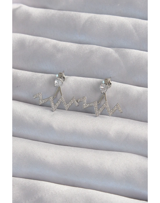 Pirinç Gümüş Renk Zirkon Taşlı Zikzak Küpe