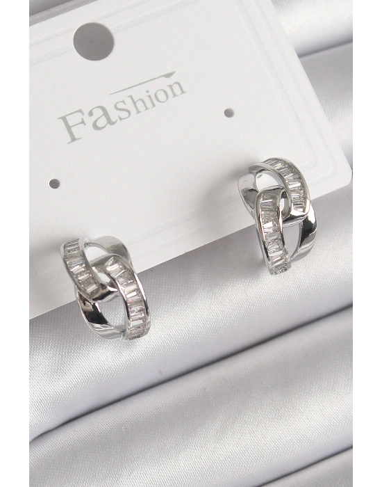 Pirinç Gümüş Renk Zirkon Taşlı Zincir Model Kadın Küpe