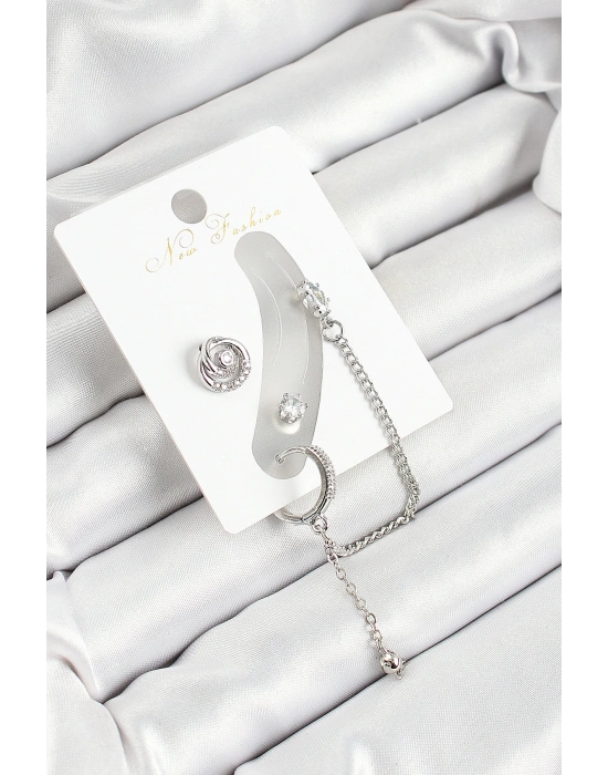 Pirinç Halka Figürlü Zirkon Taşlı Gümüş Renk 3lü Kıkırdak Kadın Küpe Set