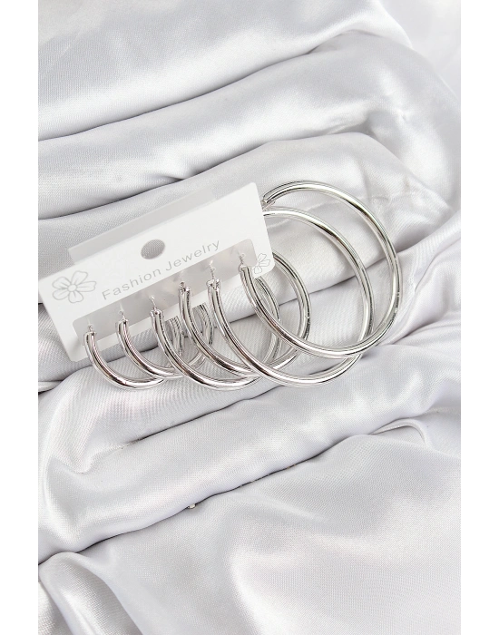 Pirinç Halka Model Gümüş Renk Kadın Set Küpe