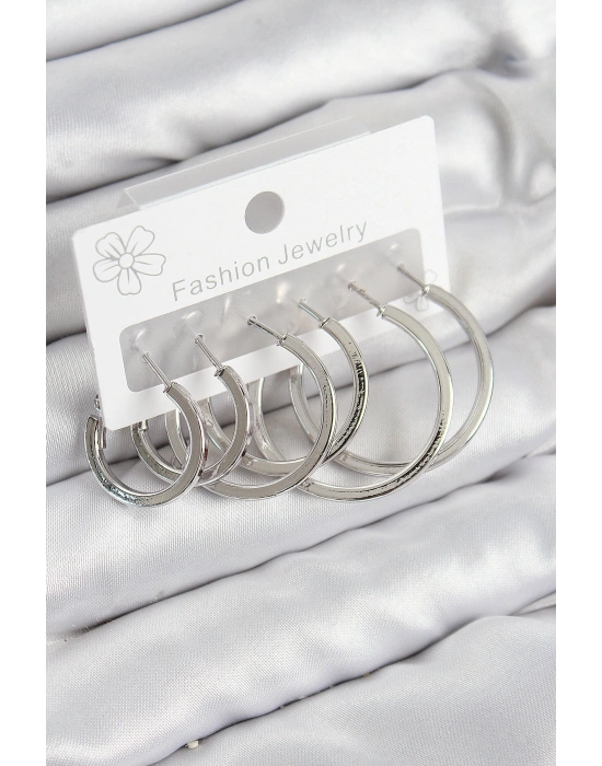 Pirinç Halka Model Gümüş Renk Kadın Set Küpe