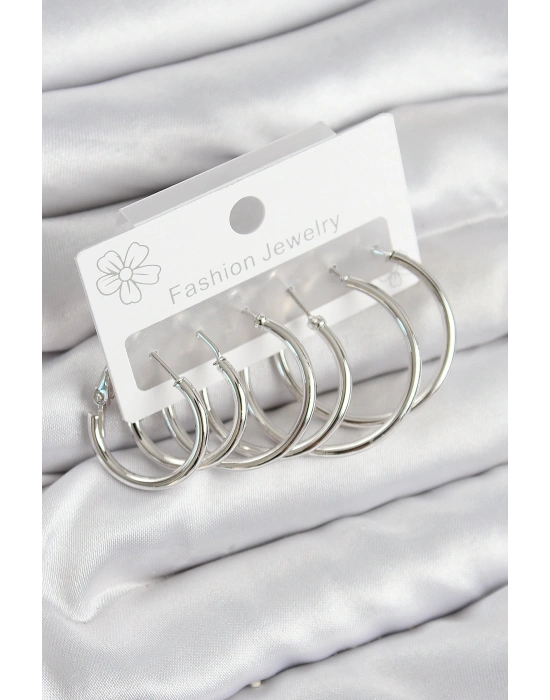 Pirinç Halka Model Gümüş Renk Kadın Set Küpe