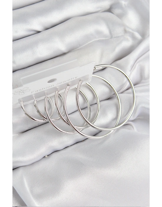 Pirinç Halka Model Gümüş Renk Kadın Set Küpe