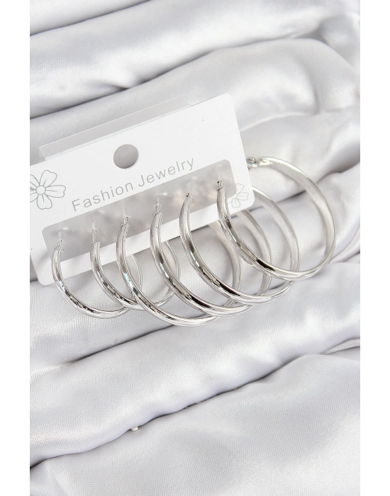 Pirinç Halka Model Gümüş Renk Kadın Set Küpe