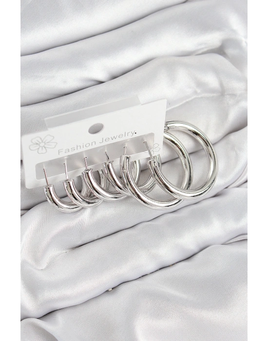 Pirinç Halka Model Gümüş Renk Kadın Set Küpe