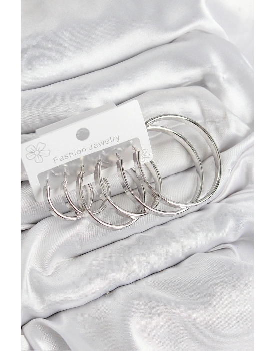 Pirinç Halka Model Gümüş Renk Kadın Set Küpe