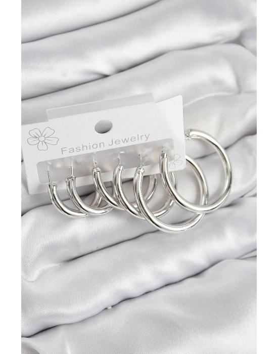 Pirinç Halka Model Gümüş Renk Kadın Set Küpe