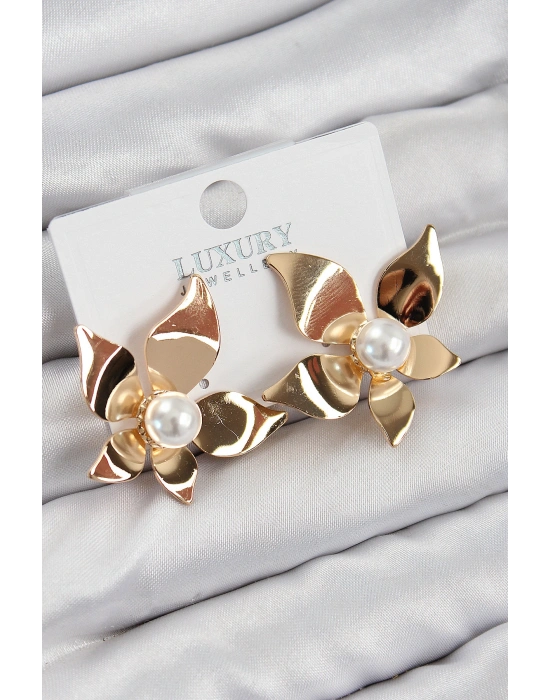 Pirinç İnci Detaylı Çiçek Model Gold Renk Kadın Küpe