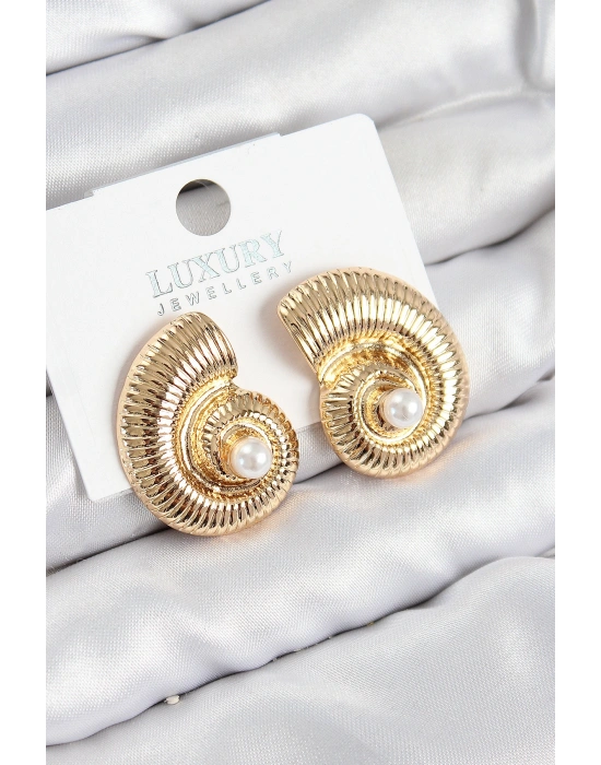 Pirinç İnci Detaylı Girdap Model Gold Renk Kadın Küpe