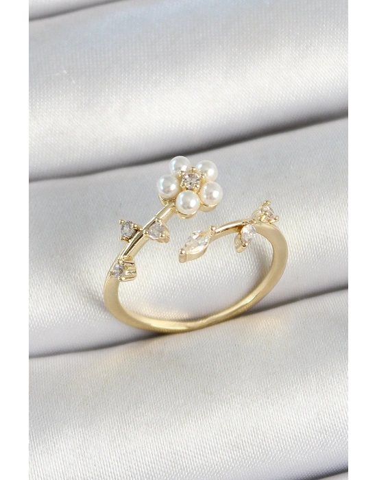 Pirinç İnci Detaylı Papatya Figürlü Zirkon Taşlı Gold Renk Ayarlanabilir Kadın Yüzük