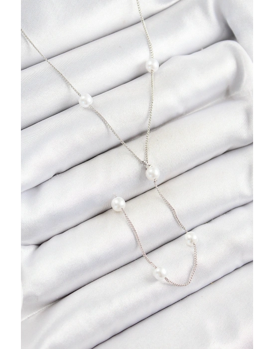 Pirinç İnci Figürlü Y Model Gümüş Renk Kadın Kolye