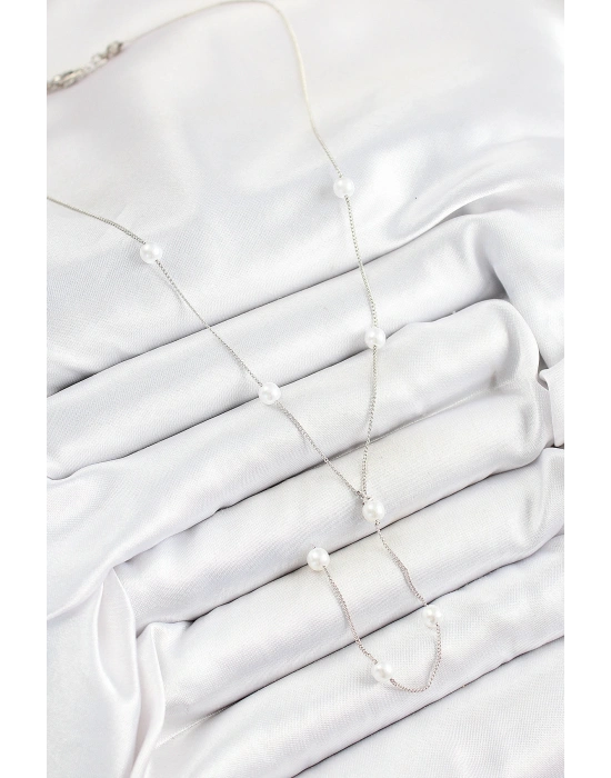 Pirinç İnci Figürlü Y Model Gümüş Renk Kadın Kolye