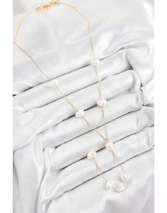 Pirinç İncili Kalp Figürlü Y Model Gold Renk Kadın Kolye