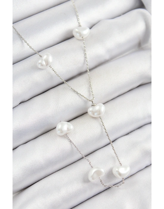 Pirinç İncili Kalp Figürlü Y Model Gümüş Renk Kadın Kolye