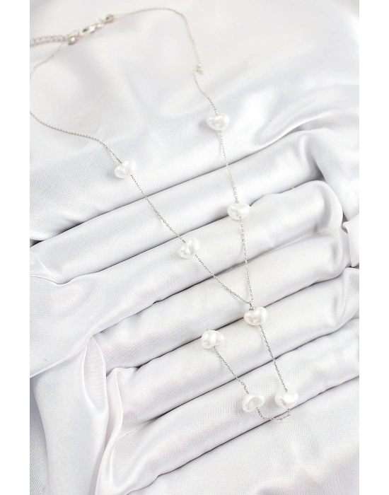 Pirinç İncili Kalp Figürlü Y Model Gümüş Renk Kadın Kolye