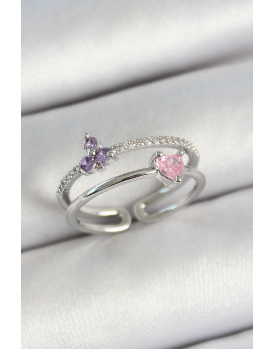 Pirinç Kalp Ve Çiçek Figürlü Zirkon Taşlı Gümüş Renk Ayarlanabilir Kadın Yüzük