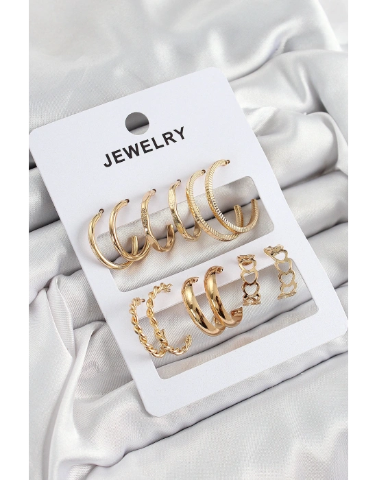 Pirinç Karışık Halka Model Gold Renk 6 Çift Kadın Küpe Set