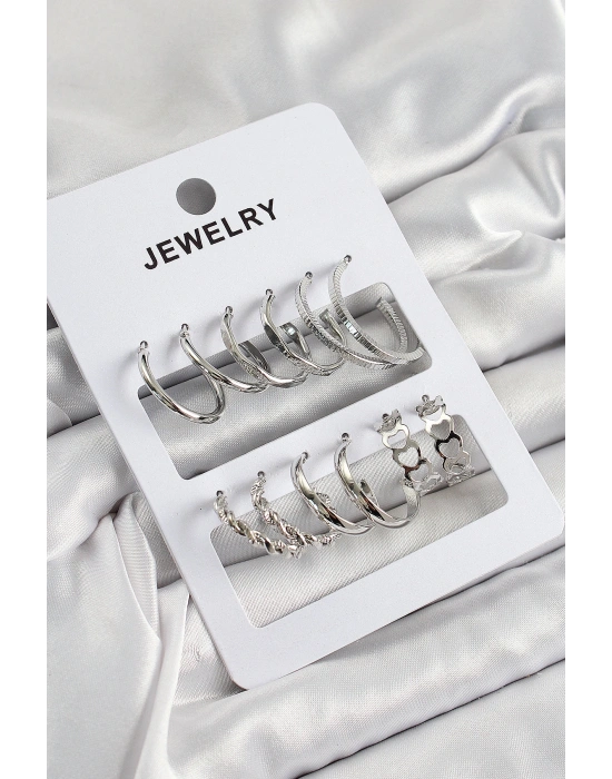 Pirinç Karışık Halka Model Gümüş Renk 6 Çift Kadın Küpe Set