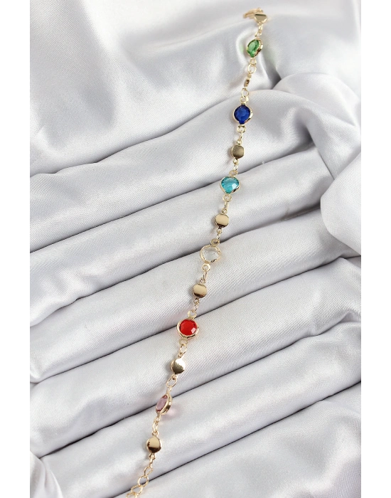 Pirinç Karışık Renk Zirkon Taşlı Gold Renk Kadın Bileklik