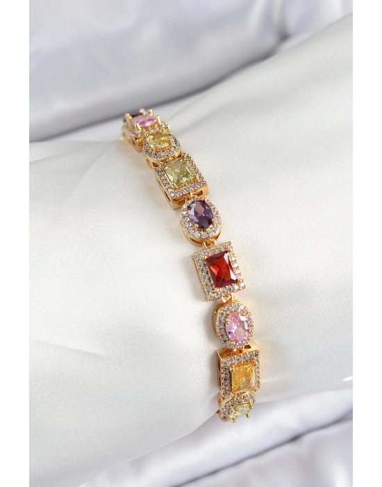 Pirinç Karışık Zirkon Taşlı Baget Model Gold Renk VIP Seri Kadın Bileklik