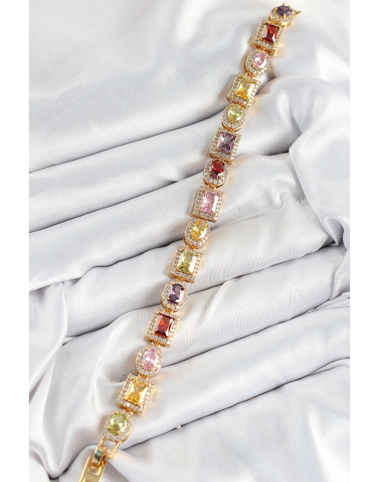 Pirinç Karışık Zirkon Taşlı Baget Model Gold Renk VIP Seri Kadın Bileklik