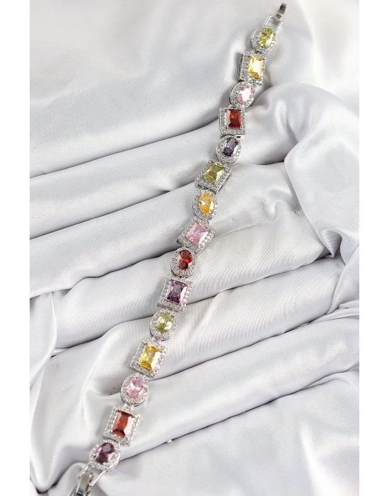 Pirinç Karışık Zirkon Taşlı Baget Model Gümüş Renk VIP Seri Kadın Bileklik