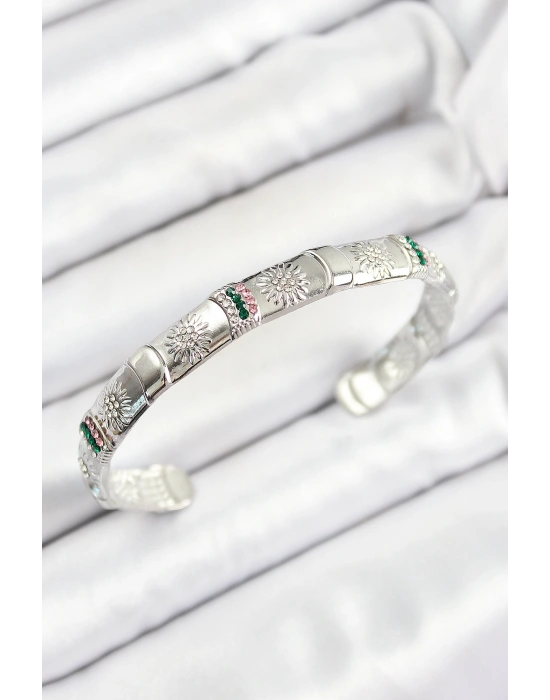 Pirinç Karışık Zirkon Taşlı Çiçek Model Gümüş Renk Altı Açık Kadın Bileklik