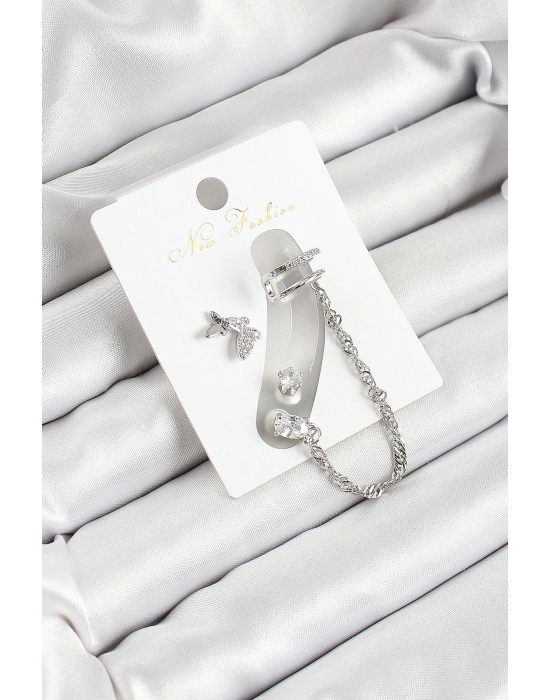 Pirinç Kelebek Figürlü Zirkon Taşlı Gümüş Renk 3lü Kıkırdak Kadın Küpe Set