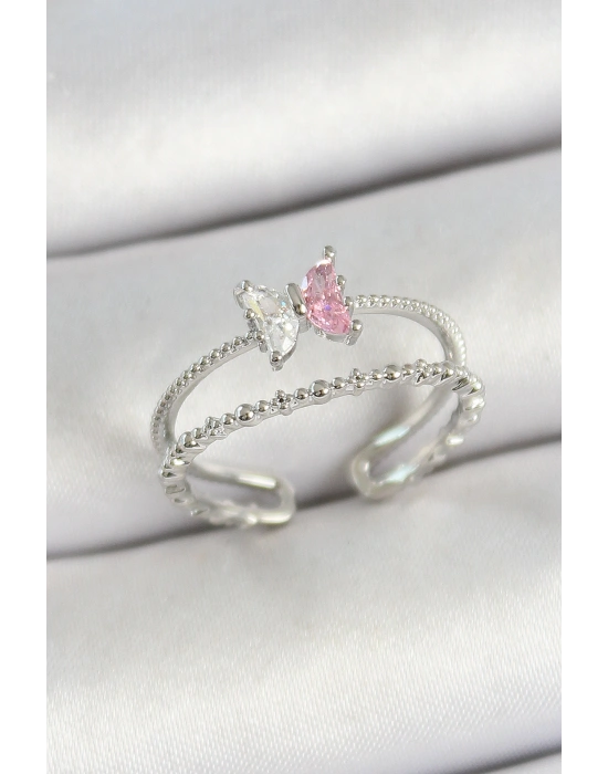 Pirinç Kelebek Figürlü Zirkon Taşlı Gümüş Renk Ayarlanabilir Kadın Yüzük