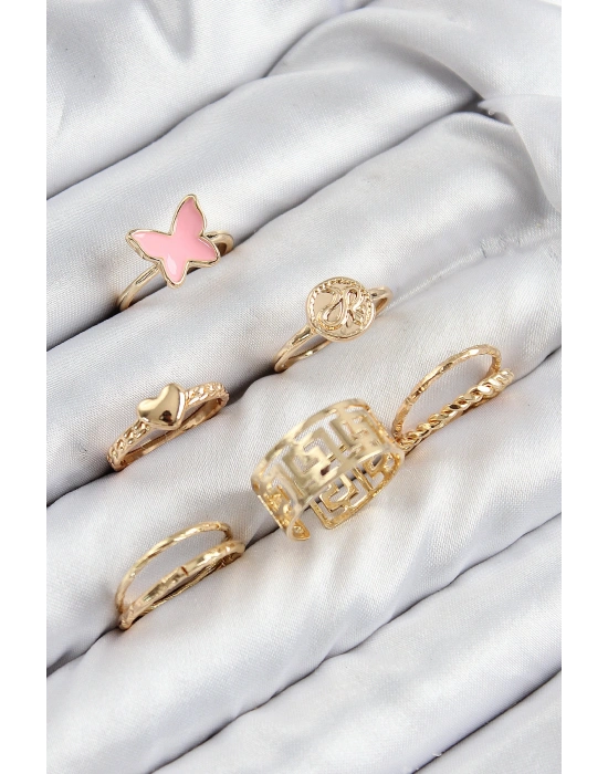 Pirinç Kelebek Ve Kalp Model Gold Renk Kadın Yüzük Kombin Set