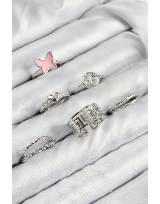 Pirinç Kelebek Ve Kalp Model Gümüş Renk Kadın Yüzük Kombin Set