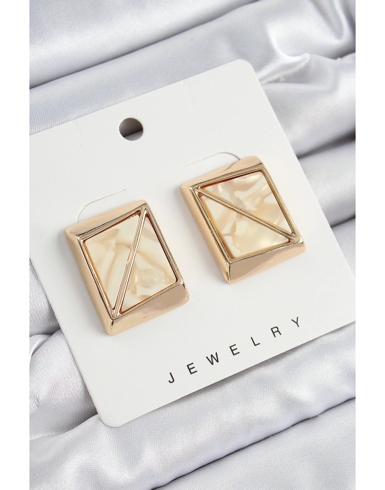 Pirinç Krem Üçgen Kesim Detaylı Kare Model Vintage Gold Renk Kadın Küpe