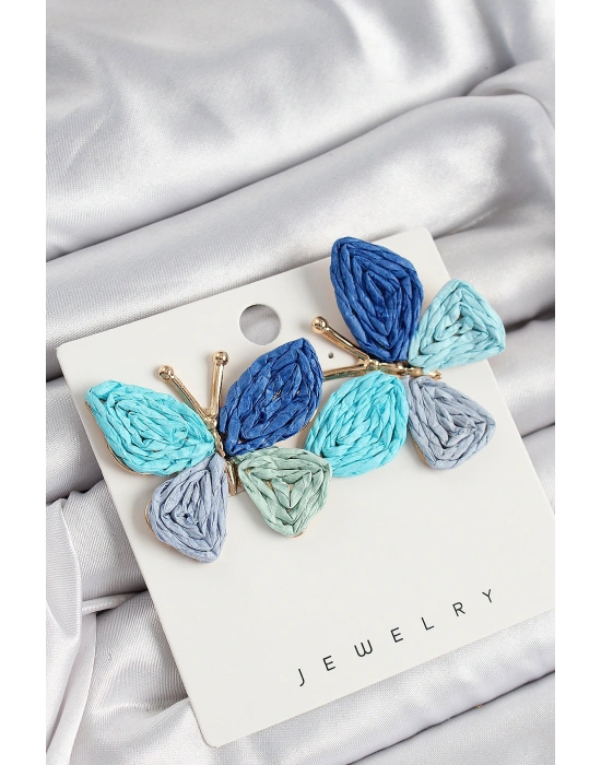 Pirinç Mavi Kelebek Model Gold Renk Kadın Hasır Küpe