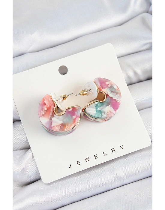 Pirinç Mermer Desenli Vintage Yarım Halka Model Gold Renk Kadın Küpe